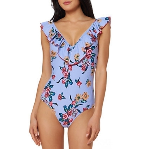 Jessica Simpson Other - Jessica Simpson Garden Girl Ruffle Shoulder One Piece Floral Lavender  Swimsuit